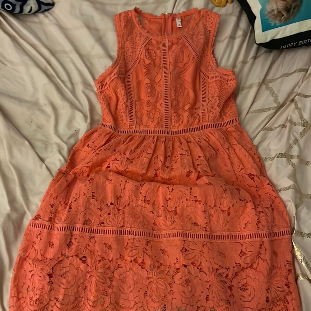 neon pink/coral floral mesh dress
